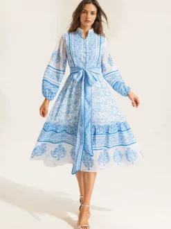 Robe midi à imprimé floral pour femme - Manches lanternes col montant coupe trapèze ceinture - Style folklorique - Idéale pour une garden-party printanière (2026)