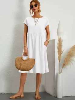 Robe midi à manches courtes pour femme - Robe t-shirt ample minimaliste unie avec poches - Idéale pour un look décontracté d'été 2026