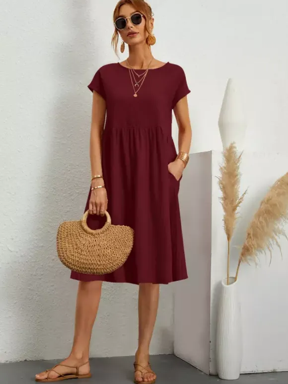 Robe midi à manches courtes pour femme - Robe t-shirt ample minimaliste unie avec poches - Idéale pour un look décontracté d'été 2026