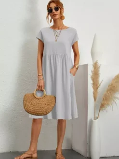 Robe midi à manches courtes pour femme - Robe t-shirt ample minimaliste unie avec poches - Idéale pour un look décontracté d'été 2026