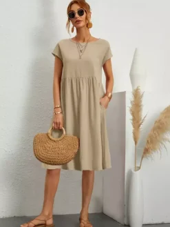 Robe midi à manches courtes pour femme - Robe t-shirt ample minimaliste unie avec poches - Idéale pour un look décontracté d'été 2026
