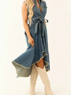 Robe midi asymétrique en jean pour femme - Délavage moyen - Sans manches - Ceinture à nouer - Poches - Tenue d'été pour festivals 2026