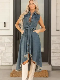Robe midi asymétrique en jean pour femme - Délavage moyen - Sans manches - Ceinture à nouer - Poches - Tenue d'été pour festivals 2026