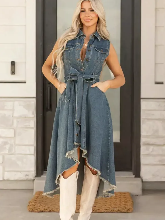 Robe midi asymétrique en jean pour femme - Délavage moyen - Sans manches - Ceinture à nouer - Poches - Tenue d'été pour festivals 2026