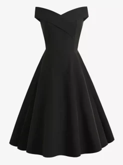 Robe midi bordeaux à épaules dénudées et coupe trapèze pour femme élégante et habillée.