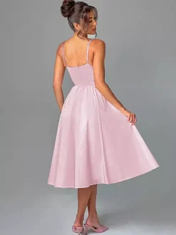 Robe midi corset pour femme - Robe d'été à fines bretelles style cottagecore - Robe d'invitée pour un mariage champêtre d'été 2026