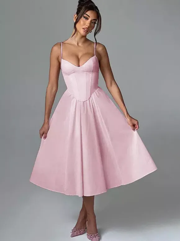Robe midi corset pour femme - Robe d'été à fines bretelles style cottagecore - Robe d'invitée pour un mariage champêtre d'été 2026