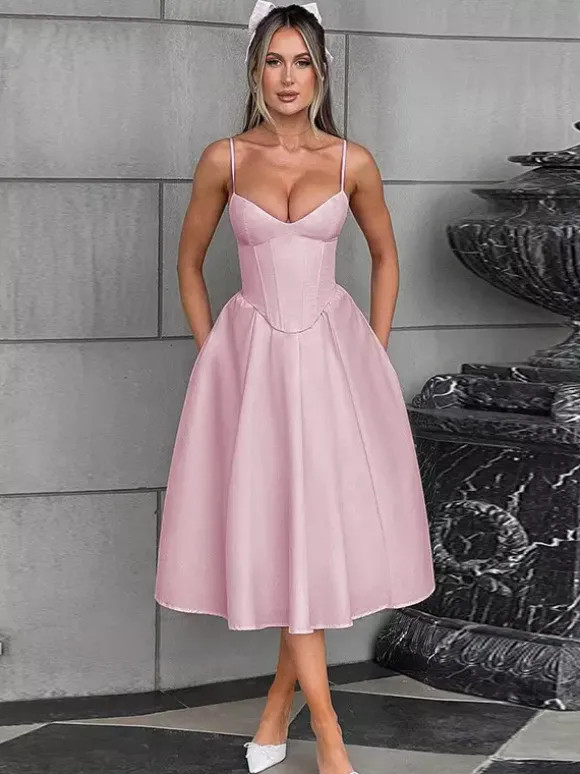 Robe midi corset pour femme - Robe d'été à fines bretelles style cottagecore - Robe d'invitée pour un mariage champêtre d'été 2026