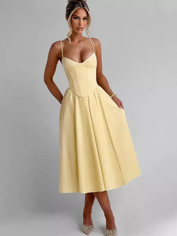 Robe midi corset pour femme - Robe d'été à fines bretelles style cottagecore - Robe d'invitée pour un mariage champêtre d'été 2026