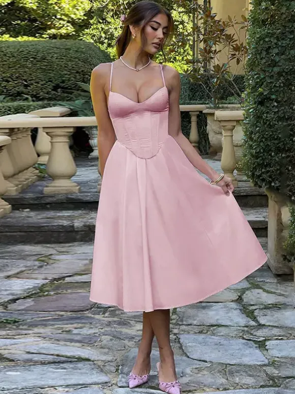 Robe midi corset pour femme - Robe d'été à fines bretelles style cottagecore - Robe d'invitée pour un mariage champêtre d'été 2026