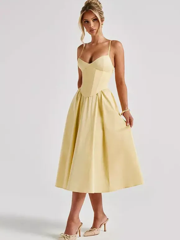 Robe midi corset pour femme - Robe d'été à fines bretelles style cottagecore - Robe d'invitée pour un mariage champêtre d'été 2026