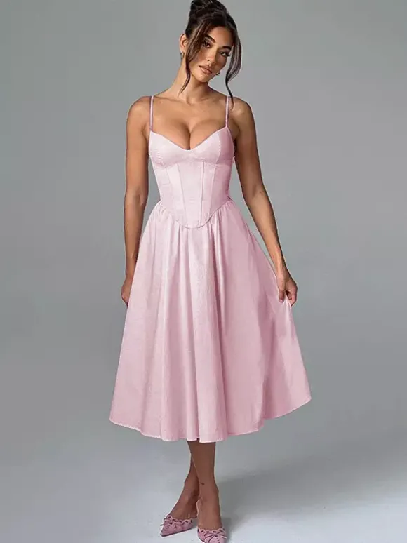 Robe midi corset pour femme - Robe d'été à fines bretelles style cottagecore - Robe d'invitée pour un mariage champêtre d'été 2026