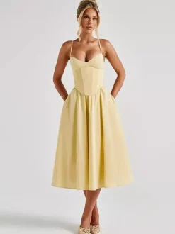 Robe midi corset pour femme - Robe d'été à fines bretelles style cottagecore - Robe d'invitée pour un mariage champêtre d'été 2026