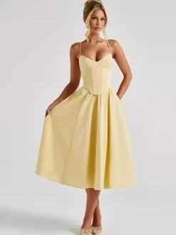 Robe midi corset pour femme - Robe d'été à fines bretelles style cottagecore - Robe d'invitée pour un mariage champêtre d'été 2026