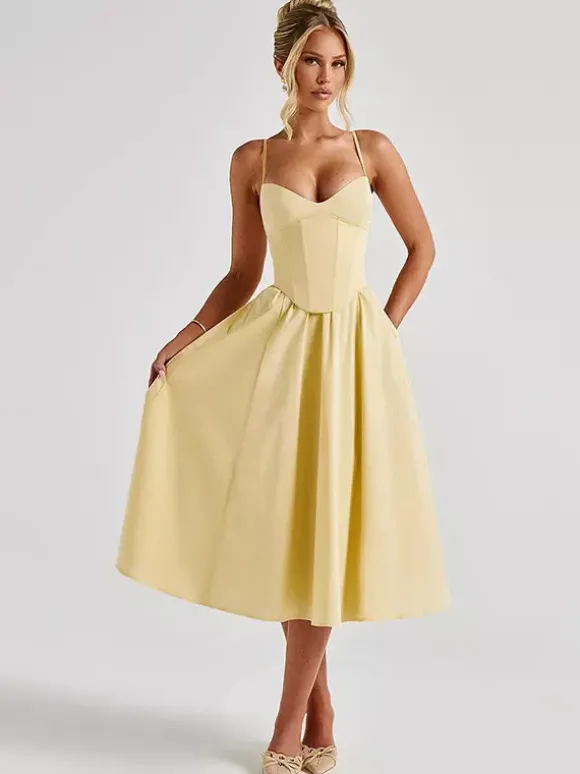 Robe midi corset pour femme - Robe d'été à fines bretelles style cottagecore - Robe d'invitée pour un mariage champêtre d'été 2026