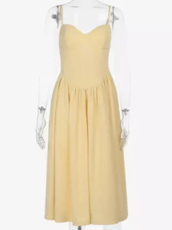 Robe midi corset pour femme - Robe d'été à fines bretelles style cottagecore - Robe d'invitée pour un mariage champêtre d'été 2026