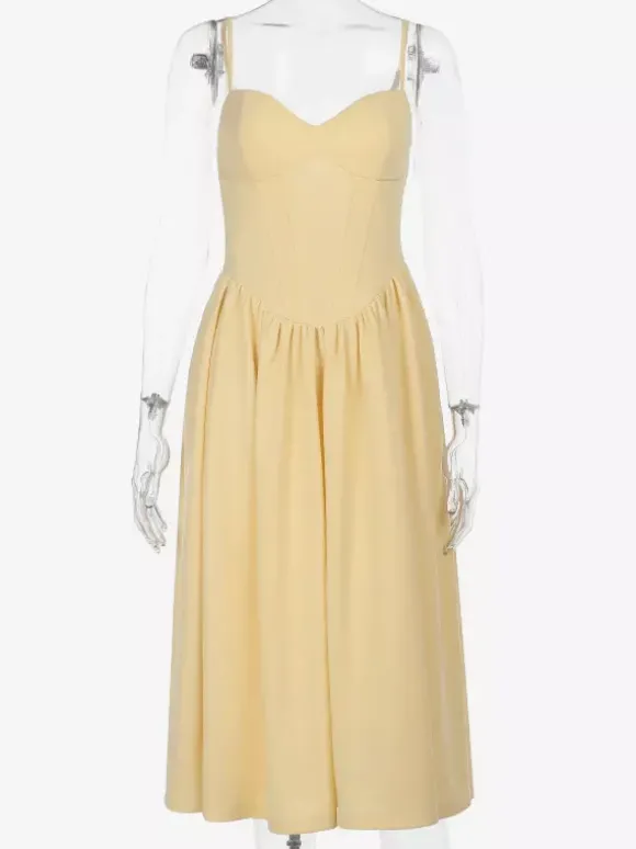 Robe midi corset pour femme - Robe d'été à fines bretelles style cottagecore - Robe d'invitée pour un mariage champêtre d'été 2026