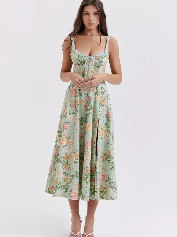 Robe midi dos nu à fleurs sans manches à cordon de serrage imprimé floral et col en V style décontracté vert