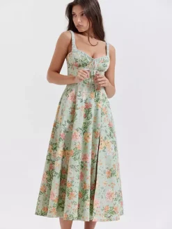 Robe midi dos nu à fleurs sans manches à cordon de serrage imprimé floral et col en V style décontracté vert