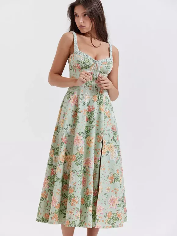 Robe midi dos nu à fleurs sans manches à cordon de serrage imprimé floral et col en V style décontracté vert