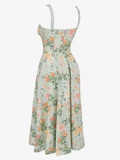 Robe midi dos nu à fleurs sans manches à cordon de serrage imprimé floral et col en V style décontracté vert