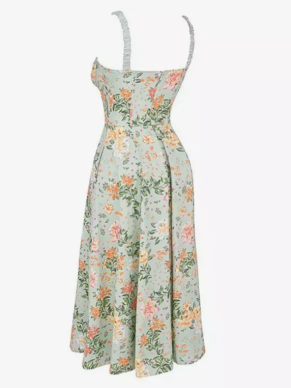 Robe midi dos nu à fleurs sans manches à cordon de serrage imprimé floral et col en V style décontracté vert