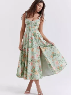 Robe midi dos nu à fleurs sans manches à cordon de serrage imprimé floral et col en V style décontracté vert