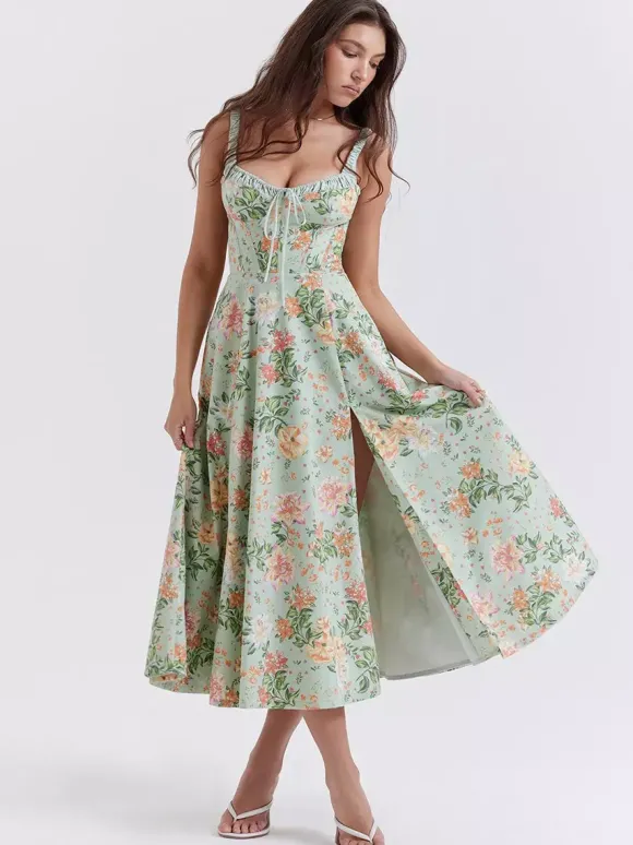 Robe midi dos nu à fleurs sans manches à cordon de serrage imprimé floral et col en V style décontracté vert