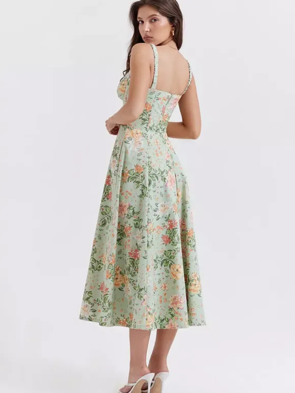 Robe midi dos nu à fleurs sans manches à cordon de serrage imprimé floral et col en V style décontracté vert