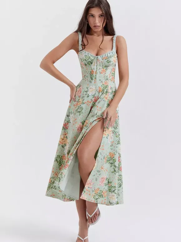 Robe midi dos nu à fleurs sans manches à cordon de serrage imprimé floral et col en V style décontracté vert