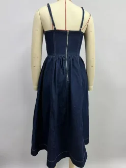 Robe midi en jean pour femme - Robe bustier sexy bleu foncé à plis et bustier - Idéale pour un pique-nique décontracté en été 2026