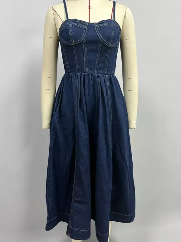 Robe midi en jean pour femme - Robe bustier sexy bleu foncé à plis et bustier - Idéale pour un pique-nique décontracté en été 2026