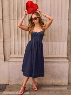 Robe midi en jean pour femme - Robe bustier sexy bleu foncé à plis et bustier - Idéale pour un pique-nique décontracté en été 2026