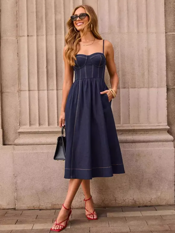 Robe midi en jean pour femme - Robe bustier sexy bleu foncé à plis et bustier - Idéale pour un pique-nique décontracté en été 2026