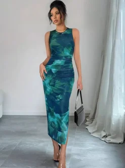 Robe midi femme en maille florale verte - Élégante robe froncée sans manches avec fente latérale - Style vintage idéale pour les invités aux mariages d'été (collection 2026)