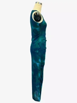 Robe midi femme en maille florale verte - Élégante robe froncée sans manches avec fente latérale - Style vintage idéale pour les invités aux mariages d'été (collection 2026)