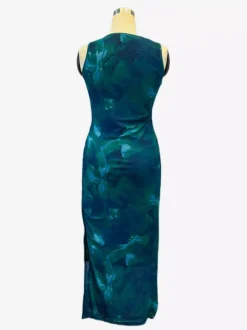 Robe midi femme en maille florale verte - Élégante robe froncée sans manches avec fente latérale - Style vintage idéale pour les invités aux mariages d'été (collection 2026)