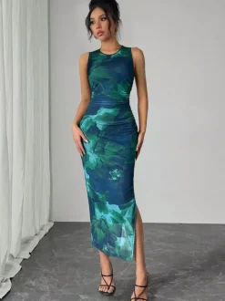 Robe midi femme en maille florale verte - Élégante robe froncée sans manches avec fente latérale - Style vintage idéale pour les invités aux mariages d'été (collection 2026)