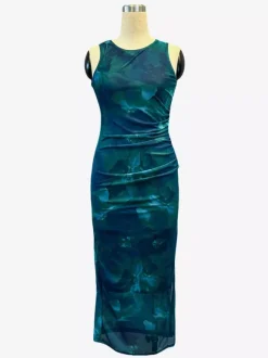 Robe midi femme en maille florale verte - Élégante robe froncée sans manches avec fente latérale - Style vintage idéale pour les invités aux mariages d'été (collection 2026)