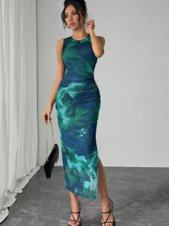 Robe midi femme en maille florale verte - Élégante robe froncée sans manches avec fente latérale - Style vintage idéale pour les invités aux mariages d'été (collection 2026)