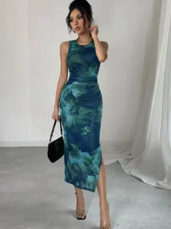 Robe midi femme en maille florale verte - Élégante robe froncée sans manches avec fente latérale - Style vintage idéale pour les invités aux mariages d'été (collection 2026)