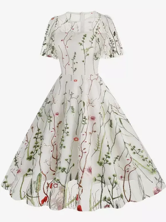 Robe midi fleurie vintage années 1950 pour femme - Robe de bal trapèze à manches courtes volantées en tulle brodé - Idéale pour un mariage d'été 2026