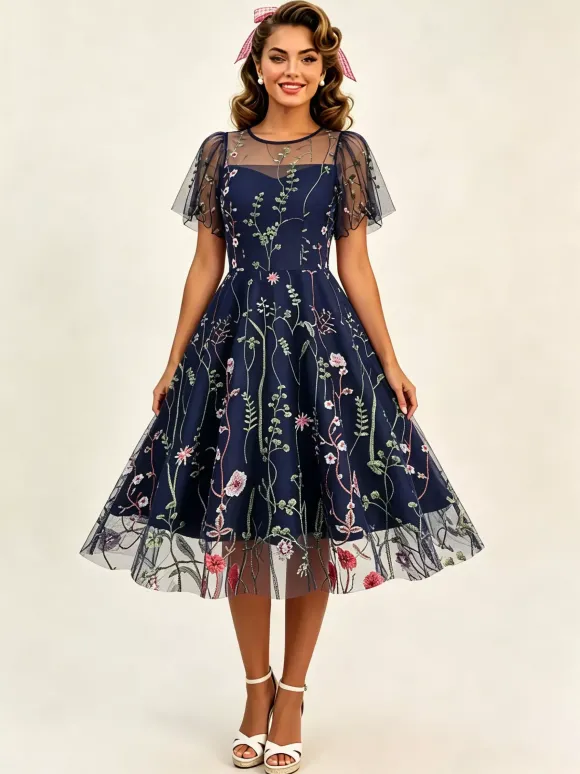 Robe midi fleurie vintage années 1950 pour femme - Robe de bal trapèze à manches courtes volantées en tulle brodé - Idéale pour un mariage d'été 2026