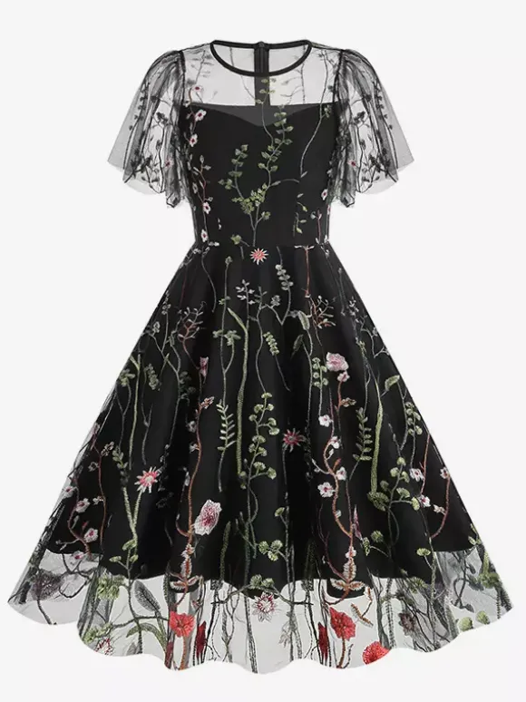 Robe midi fleurie vintage années 1950 pour femme - Robe de bal trapèze à manches courtes volantées en tulle brodé - Idéale pour un mariage d'été 2026