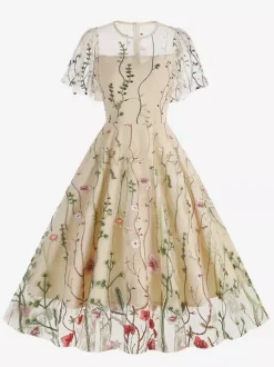 Robe midi fleurie vintage années 1950 pour femme - Robe de bal trapèze à manches courtes volantées en tulle brodé - Idéale pour un mariage d'été 2026