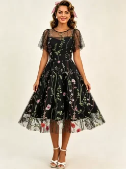 Robe midi fleurie vintage années 1950 pour femme - Robe de bal trapèze à manches courtes volantées en tulle brodé - Idéale pour un mariage d'été 2026