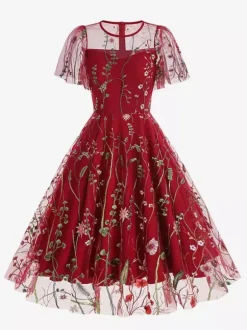 Robe midi fleurie vintage années 1950 pour femme - Robe de bal trapèze à manches courtes volantées en tulle brodé - Idéale pour un mariage d'été 2026