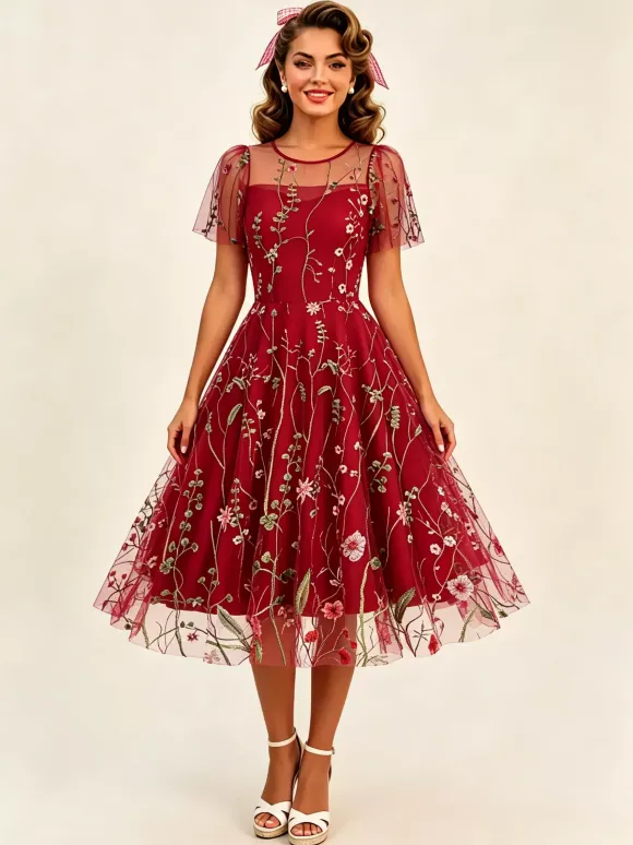 Robe midi fleurie vintage années 1950 pour femme - Robe de bal trapèze à manches courtes volantées en tulle brodé - Idéale pour un mariage d'été 2026