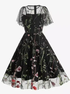 Robe midi fleurie vintage années 1950 pour femme - Robe de bal trapèze à manches courtes volantées en tulle brodé - Idéale pour un mariage d'été 2026