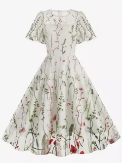 Robe midi fleurie vintage années 1950 pour femme - Robe de bal trapèze à manches courtes volantées en tulle brodé - Idéale pour un mariage d'été 2026
